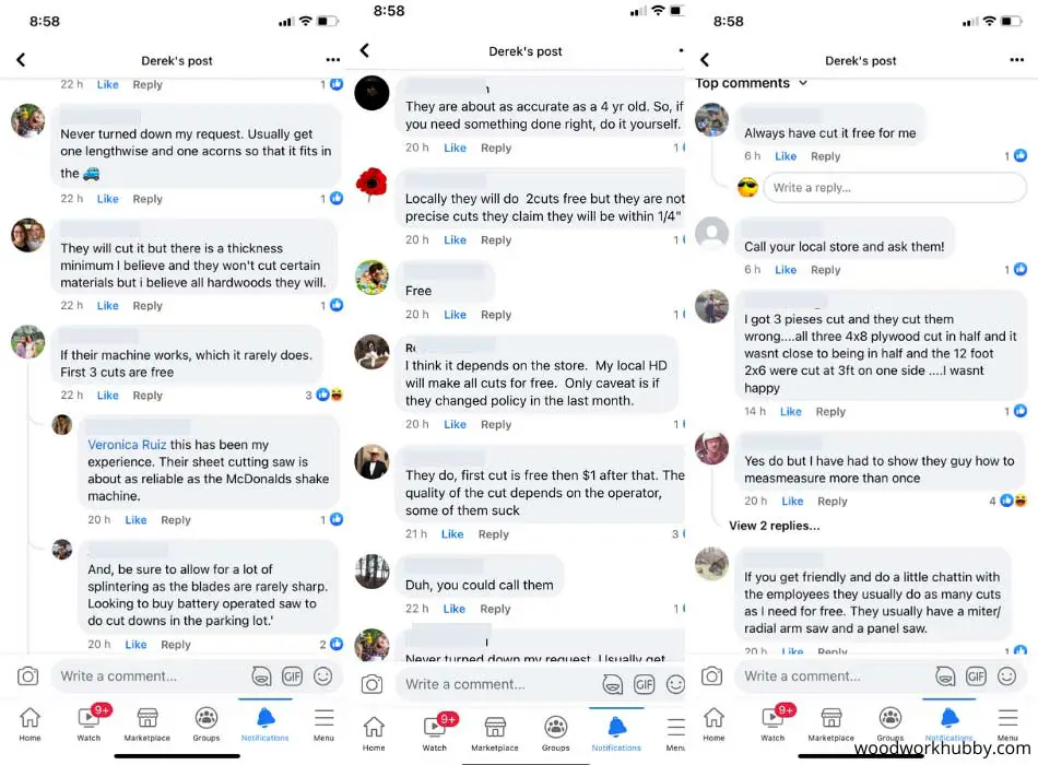 Woodworkers on facebook commenting on home depot cutting policy
