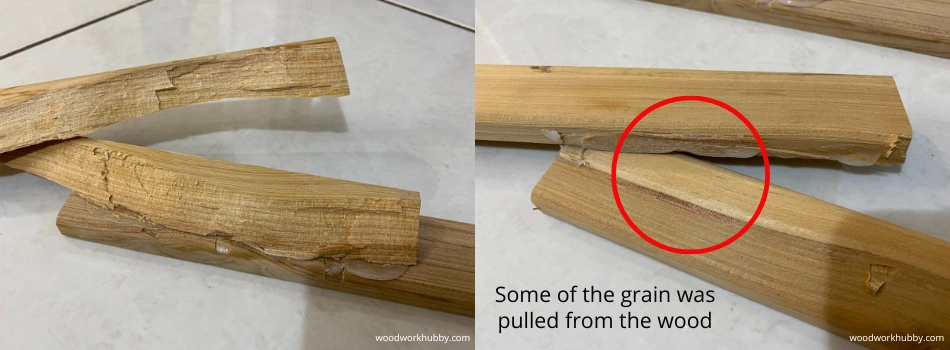 Wood torn apart after being stuck together with hot glue