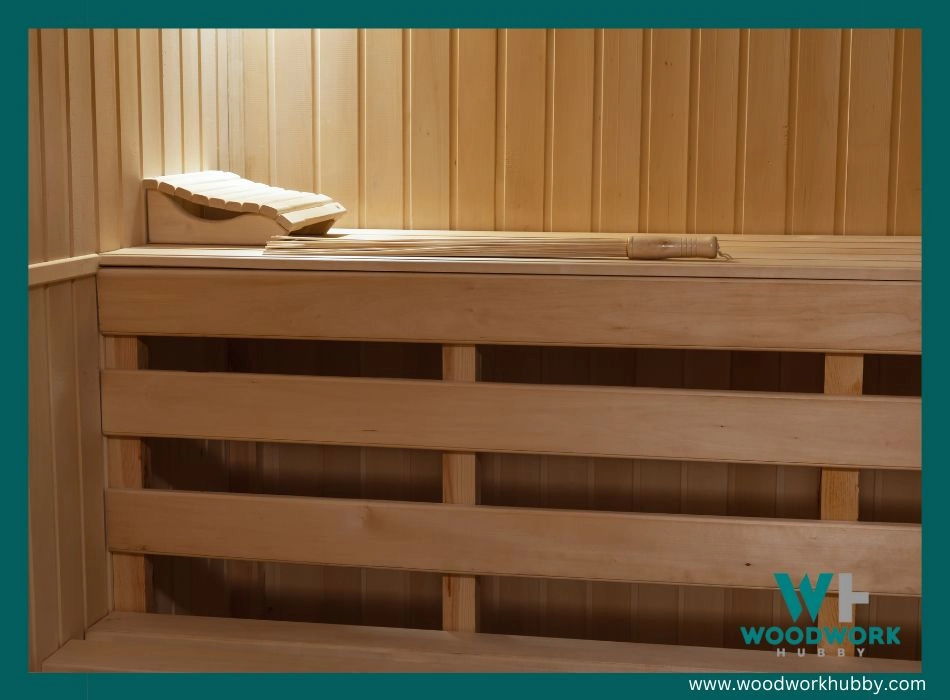 bench and walls sauna sheathed with clapboard from natural linden wood.