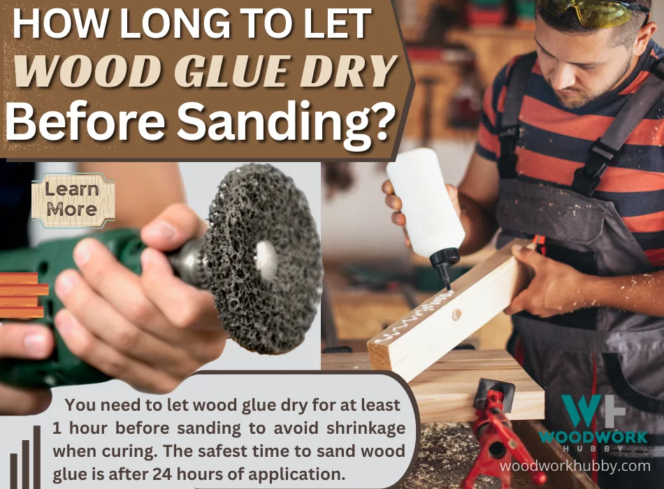 A man using wood glue on woods and a pair of hands holding a sander with text overlay that reads How Long To Let Wood Glue Dry Before Sanding