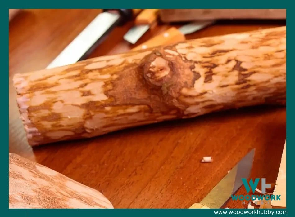 Image of a branch of wood for use in wood carving with a few tools around it