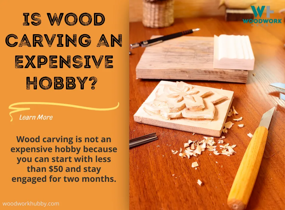 A simple wood carving with text overlays that read Is Wood Carving An Expensive Hobby 