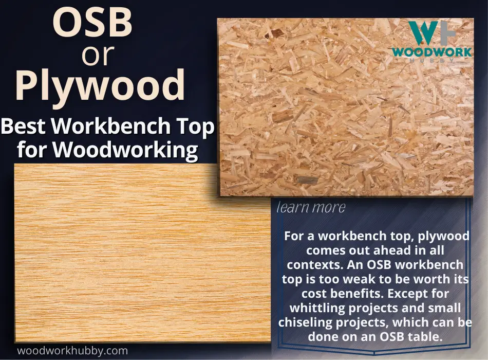 Image of an OSB and plywood boards with text overlays that read _OSB Or Plywood_ Best Workbench Top for Woodworking