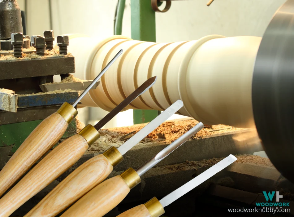 Can You Use Wood Carving Tools on a Lathe? Things To Know 4 Image showing a lathe and several woodcarving tools_Can You Use Wood Carving Tools on a Lathe