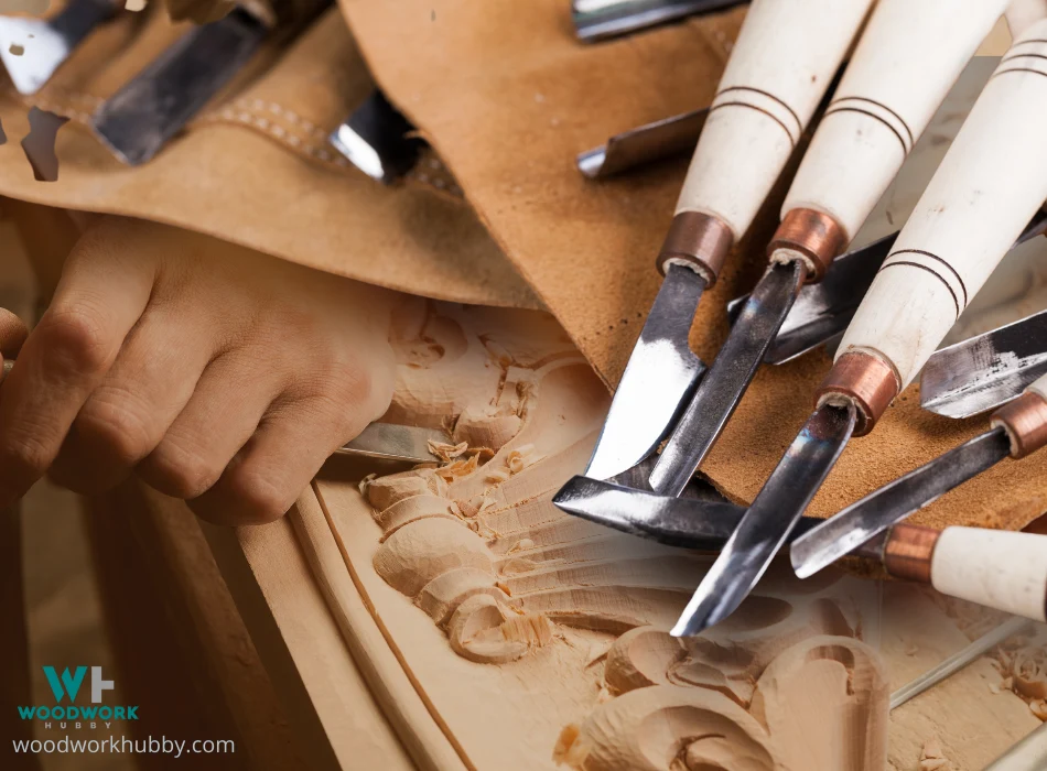 A set of carving chisels with wood being carved on background.