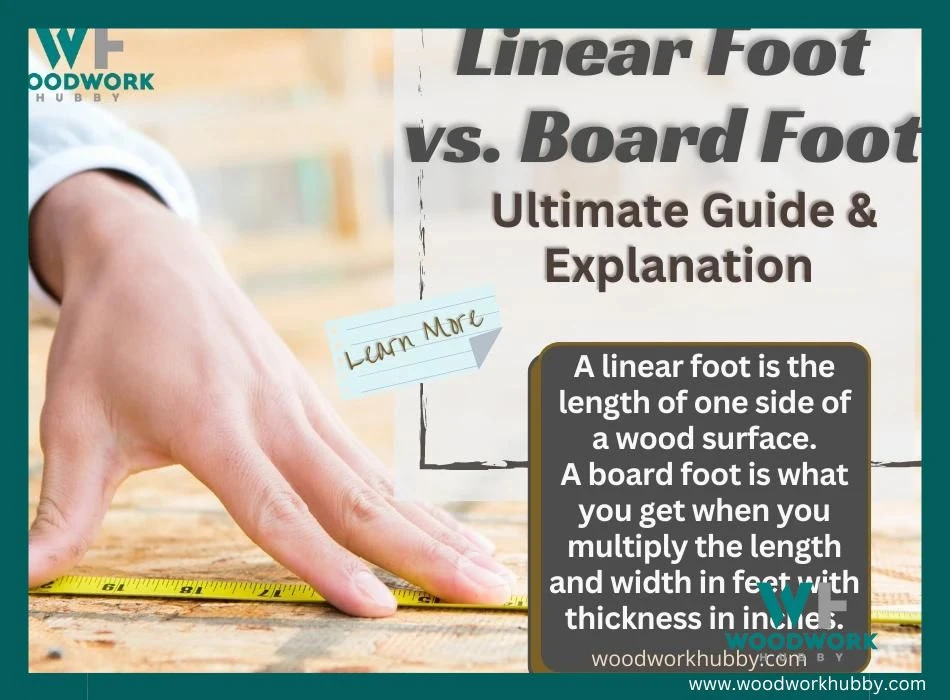 Image showing a hand hold a tape measure over a wood board with text overlay that reads Linear Foot vs. Board Foot Ultimate guide