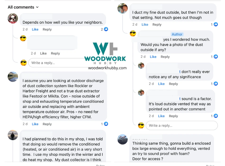 Facebook comments on venting dust collector outside