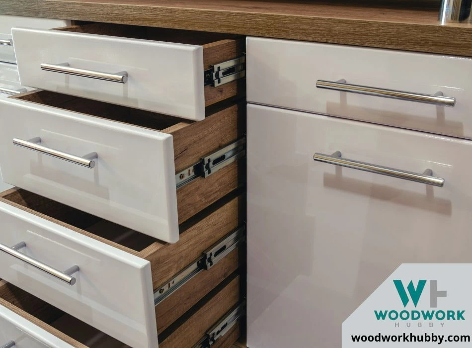 Wooden furniture with drawers and glossy white MDF facades
