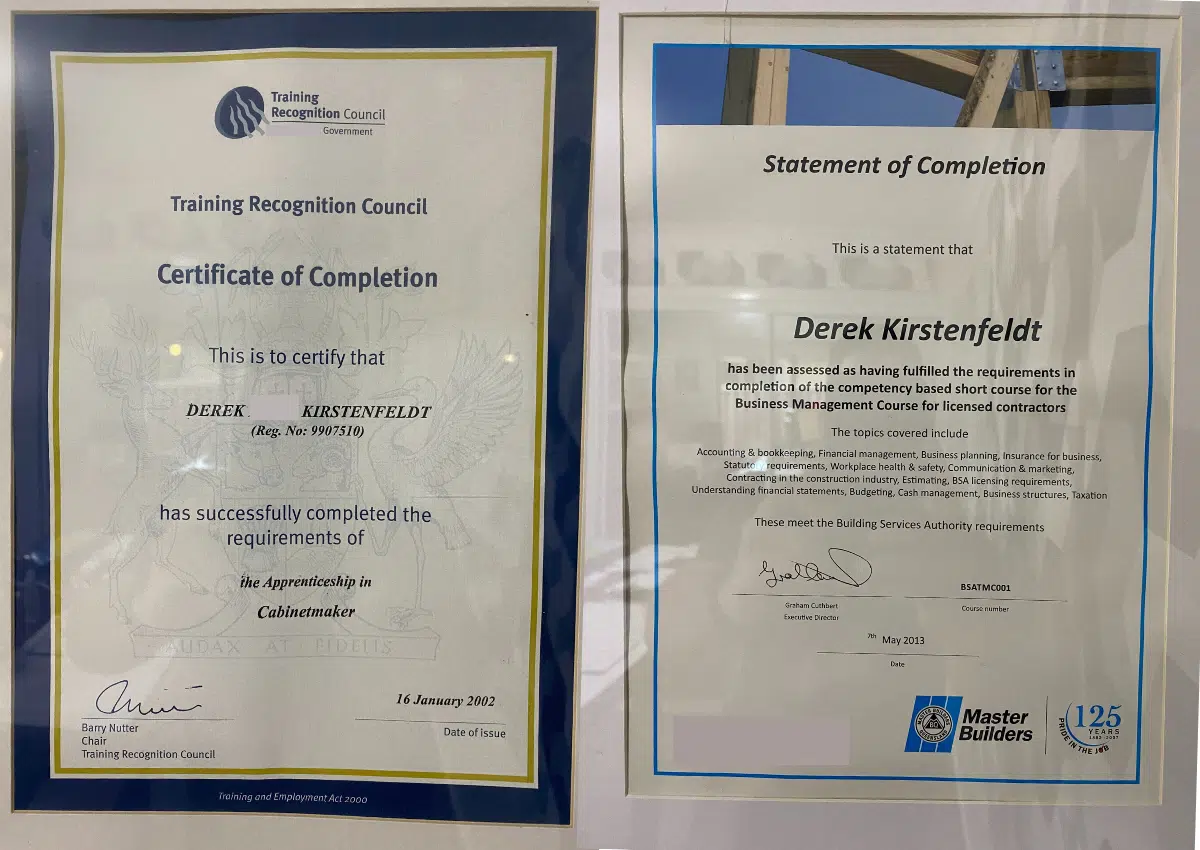 Derek Woodwork Hubby Qualification Certificates